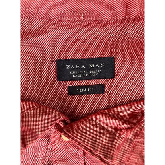 Zara Man Slim Fit Red Button Down Shirt Navy Elbow Patches Size L  * - Picture 3 of 9